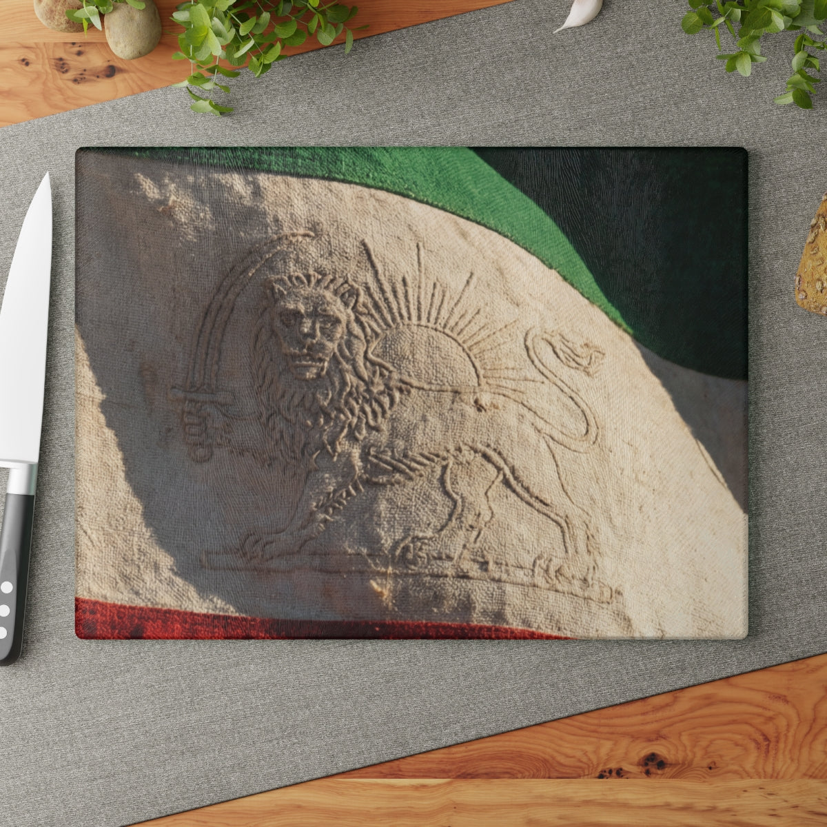 Glass Cutting Board - Vintage Persian Lion and Sun Flag Art...