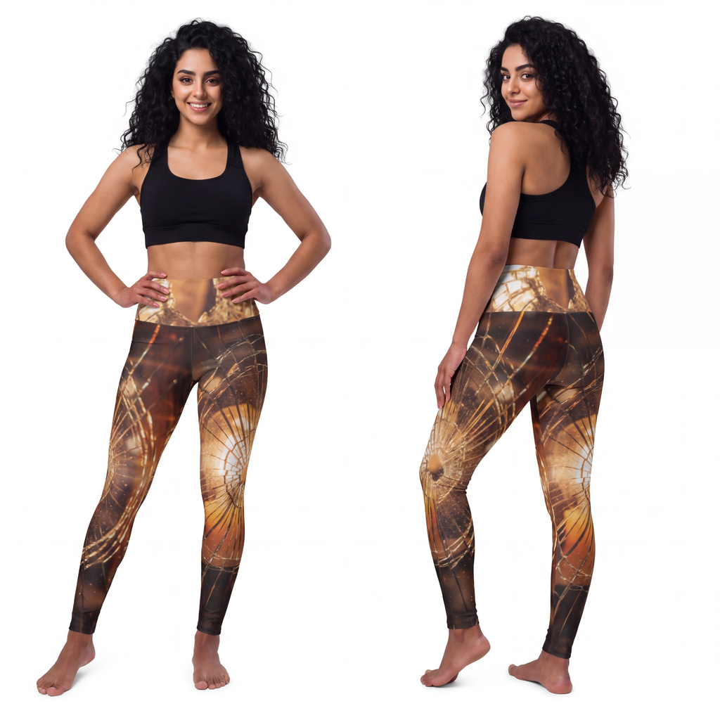 High Waisted Yoga Leggings - Shattered Amber Broken Glass......