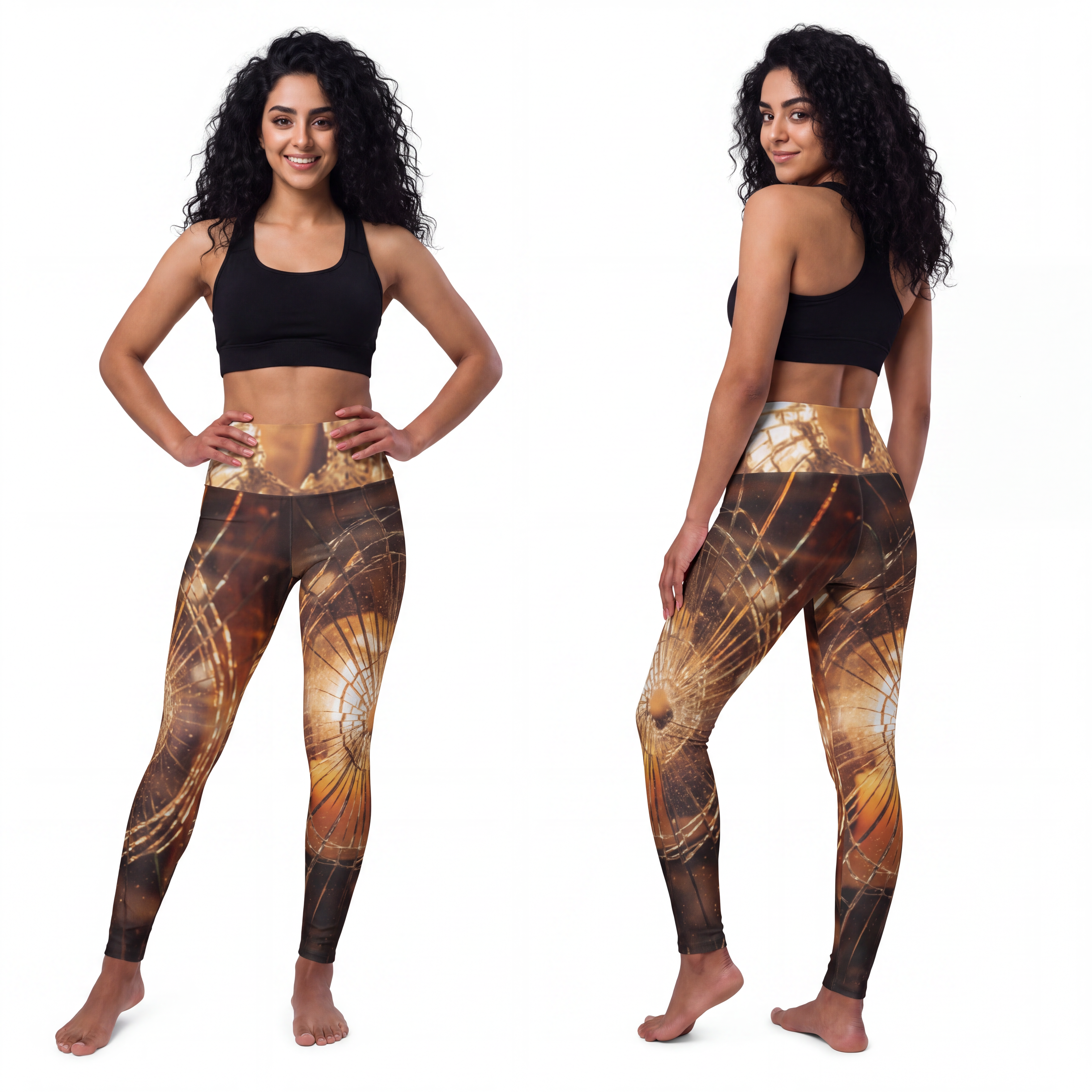 High Waisted Yoga Leggings - Shattered Amber Broken Glass......