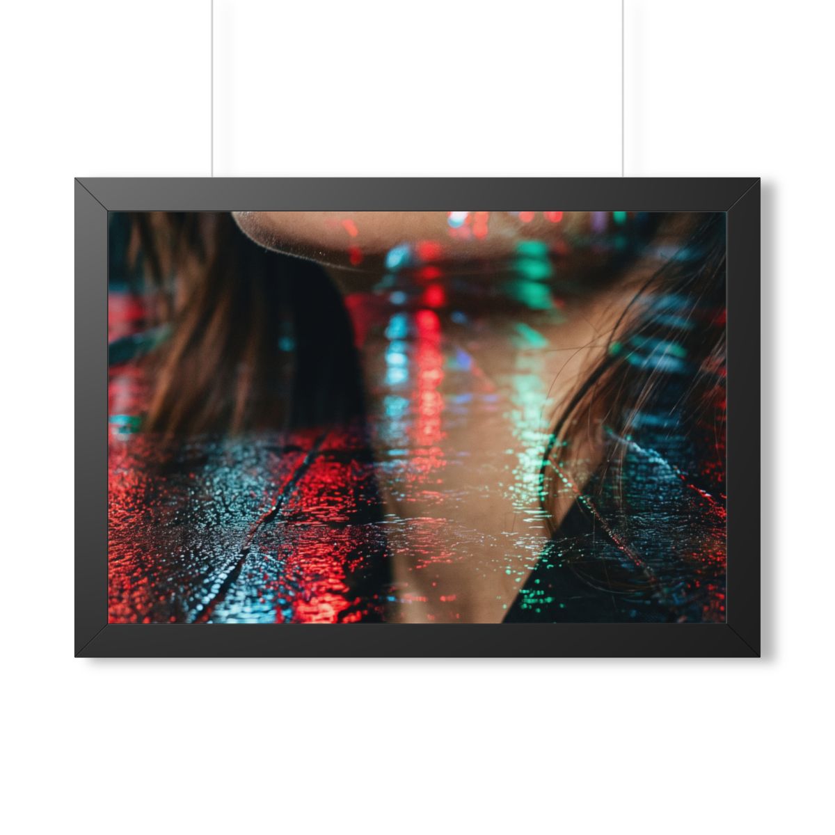 Framed Horizontal Poster - Neon Dreams Rain Portrait — Black...