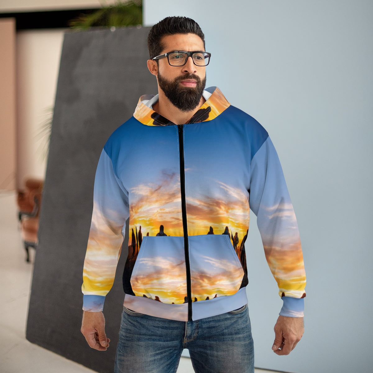 Men's Zip Hoodie - Golden Hour Ridge | Echovira Gallery