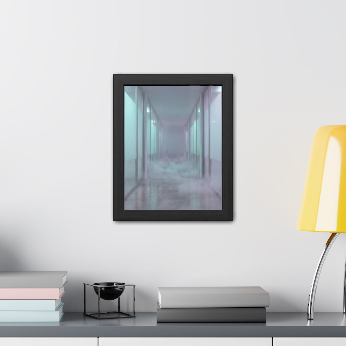 Framed Posters - Liminal Corridor Fog Art Print — Portrait...