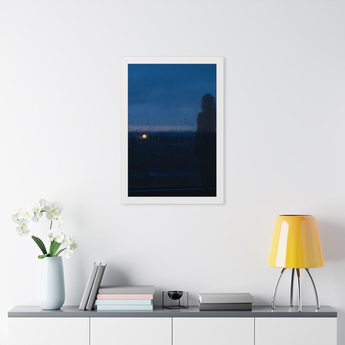Framed Vertical Poster - Rainy Dusk Silhouette — White... |...