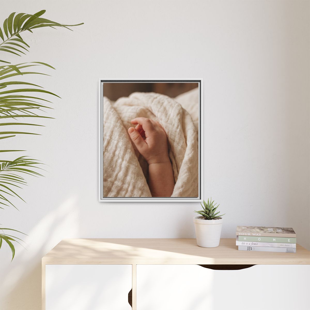 Matte Canvas, Framed - Tender Newborn Hand in Soft Muslin......