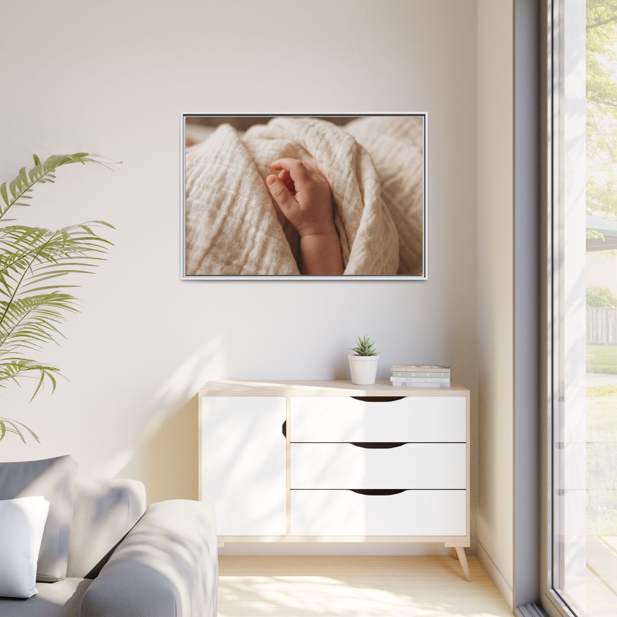 Matte Canvas, Framed - Tender Newborn Hand in Soft Muslin......