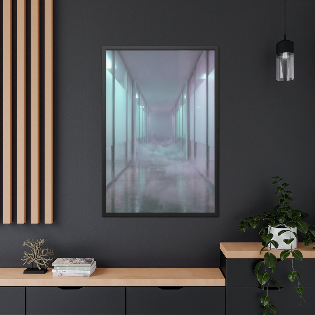 Framed Posters - Liminal Corridor Fog Art Print — Portrait...