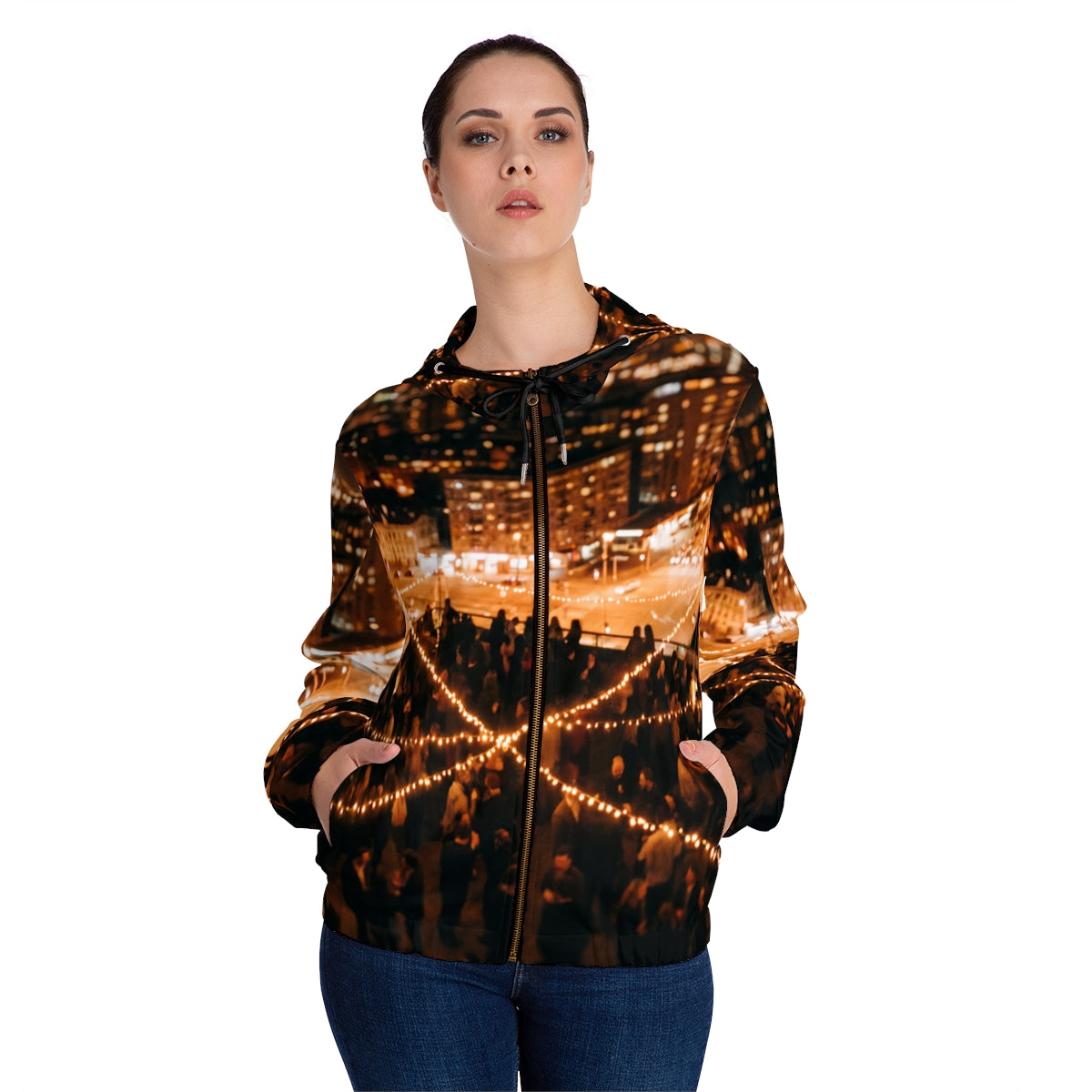 Women's Full-Zip Hoodie - Cozy Rooftop Skyline | Echovira...
