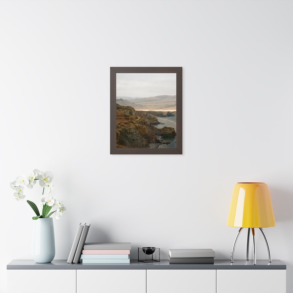 Framed Vertical Poster - Moody Coastal Cliffs Horizon Art —...