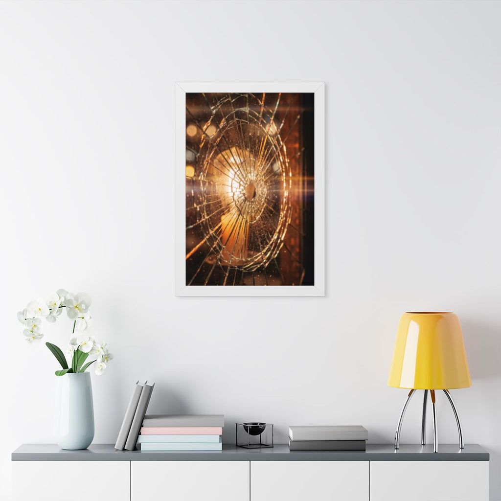Framed Vertical Poster - Shattered Amber Glass Art — White...