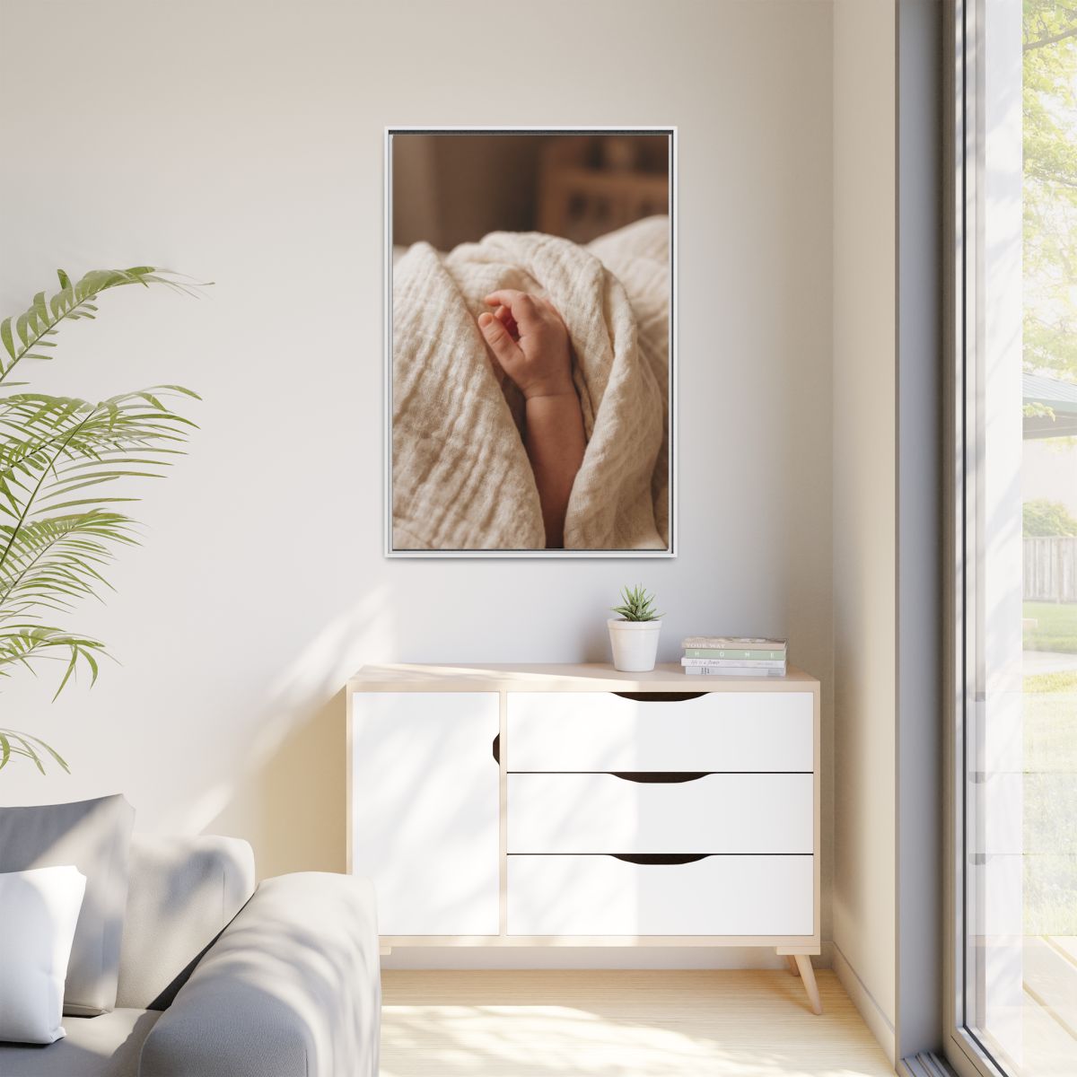 Matte Canvas, Framed - Tender Newborn Hand in Soft Muslin......
