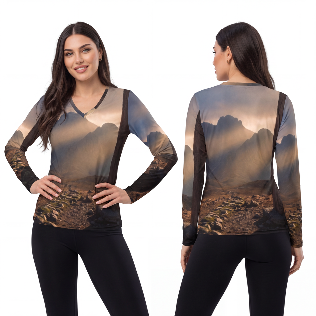 Women's Long Sleeve V-neck Shirt - Mystic Monolith Ancient...