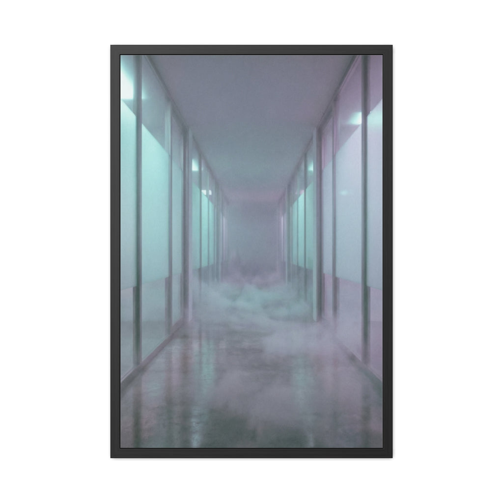 Framed Posters - Liminal Corridor Fog Art Print — Portrait...