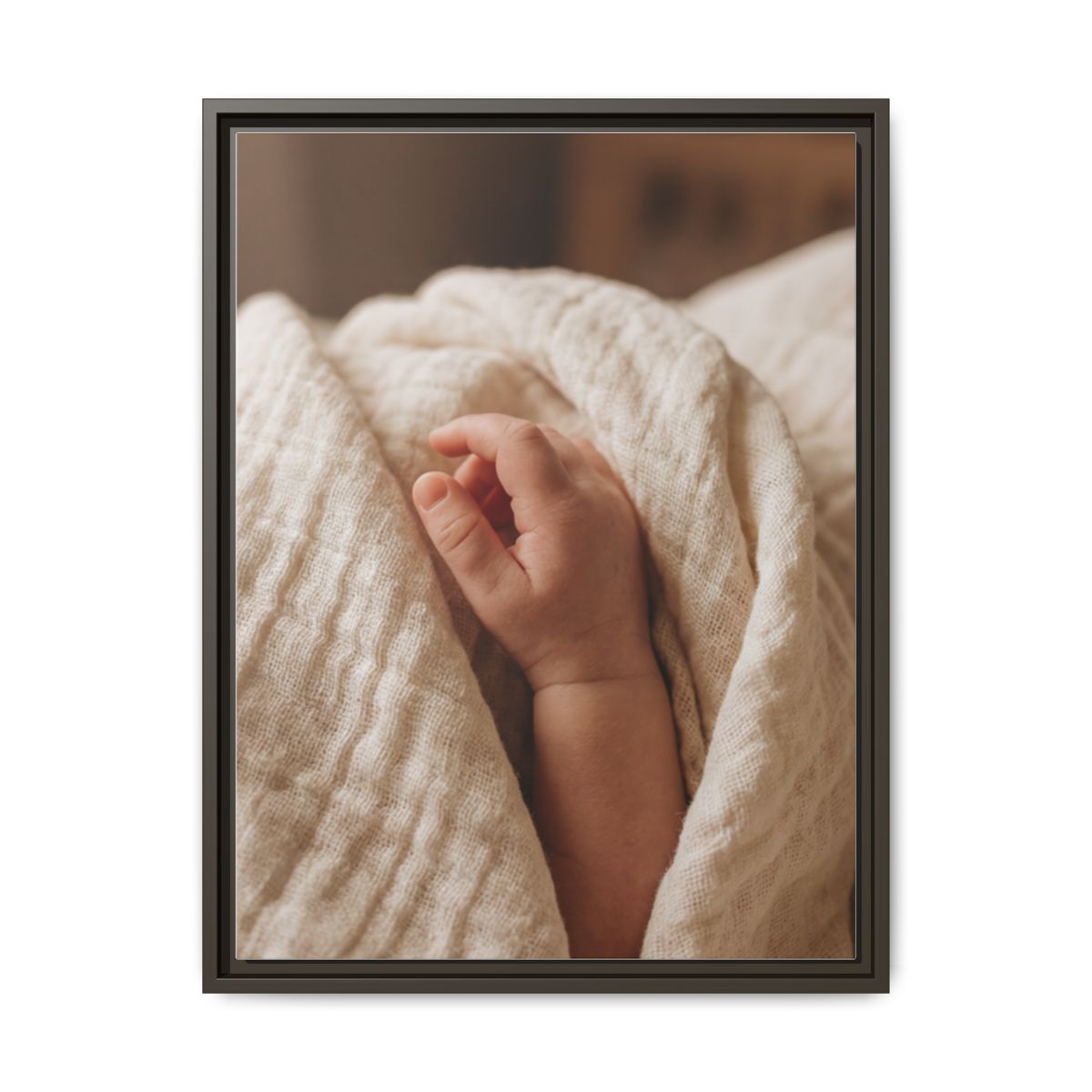 Framed Matte Canvas - Tender Newborn Hand (8×10, 9×12, 11×14, 12×16, 10×20, 12×18, 16×20, 16×24, 18×24, 12×36, 20×24, 16×32, 20×30, 24×30, 24×32, 16×48, 24×36, 24×48, 30×40, 20×60, 32×48, 30×60 & 40×60)