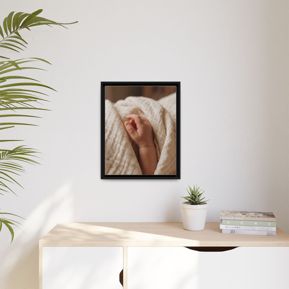 Matte Canvas, Framed - Tender Newborn Hand in Soft Muslin......