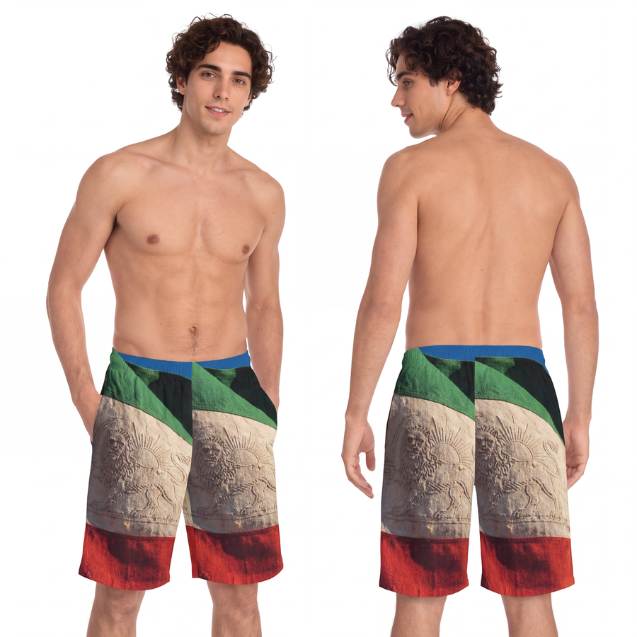 Men's Board Shorts - Vintage Persian Lion and Sun Flag Art