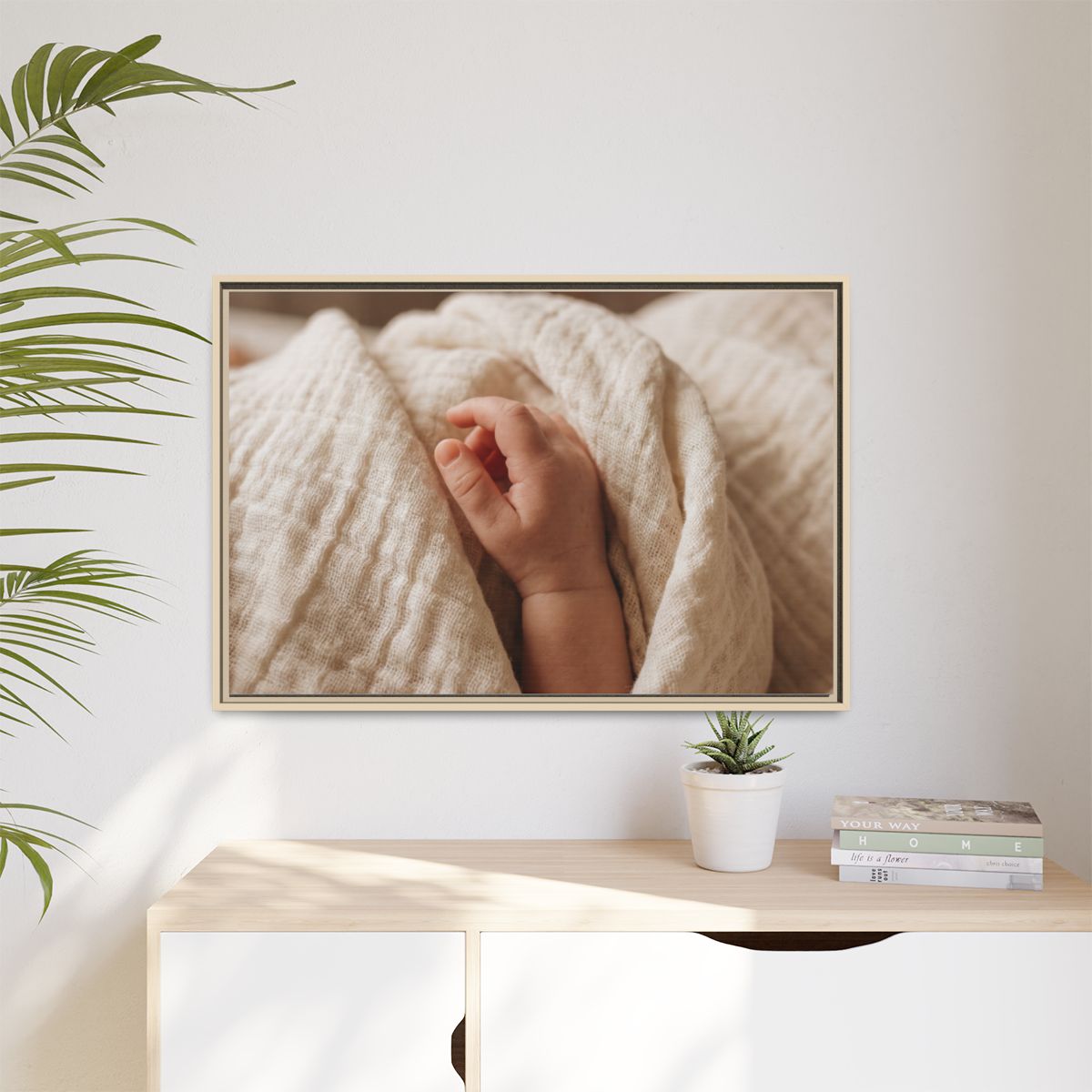 Matte Canvas, Framed - Tender Newborn Hand in Soft Muslin......