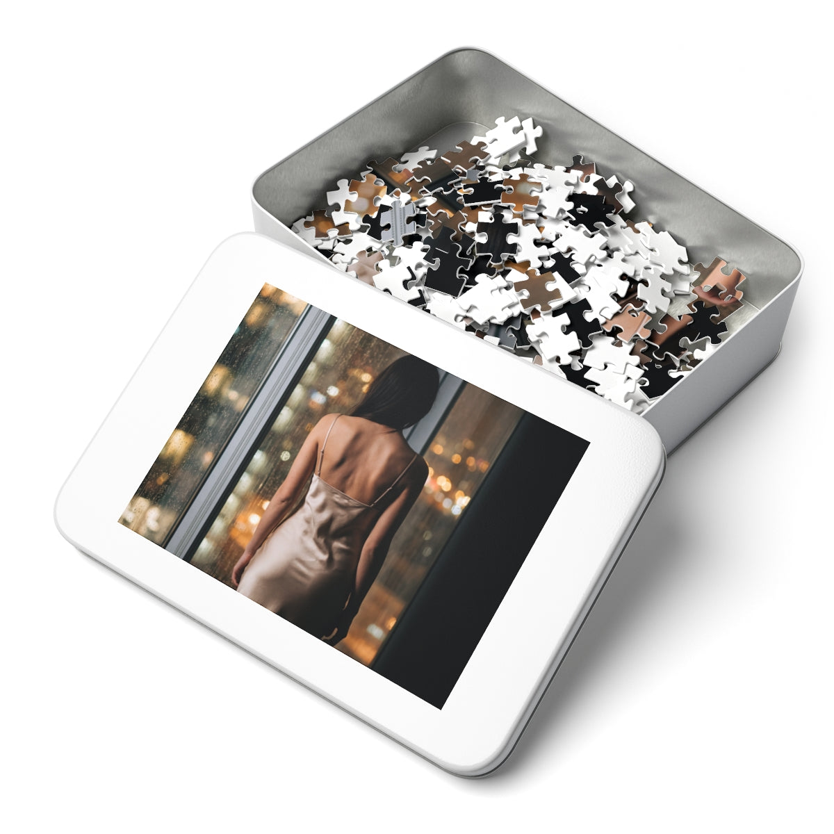 Jigsaw Puzzle with Tin - Cozy Rain Setup