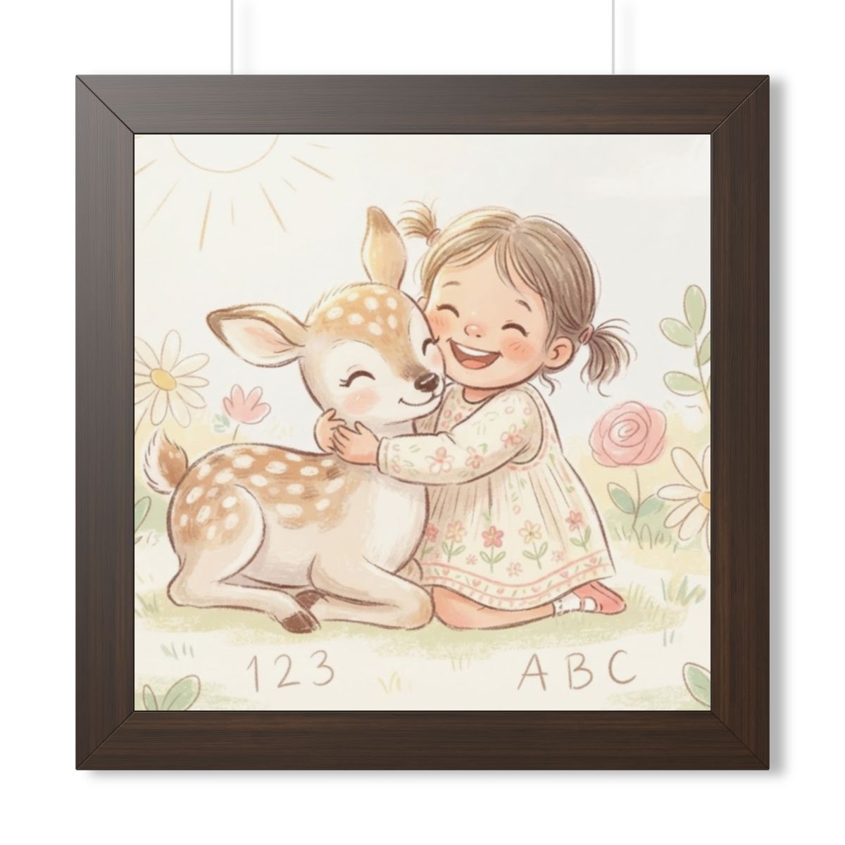 Framed Horizontal Poster - Gentle Hug Meadow Deer Art —... |...