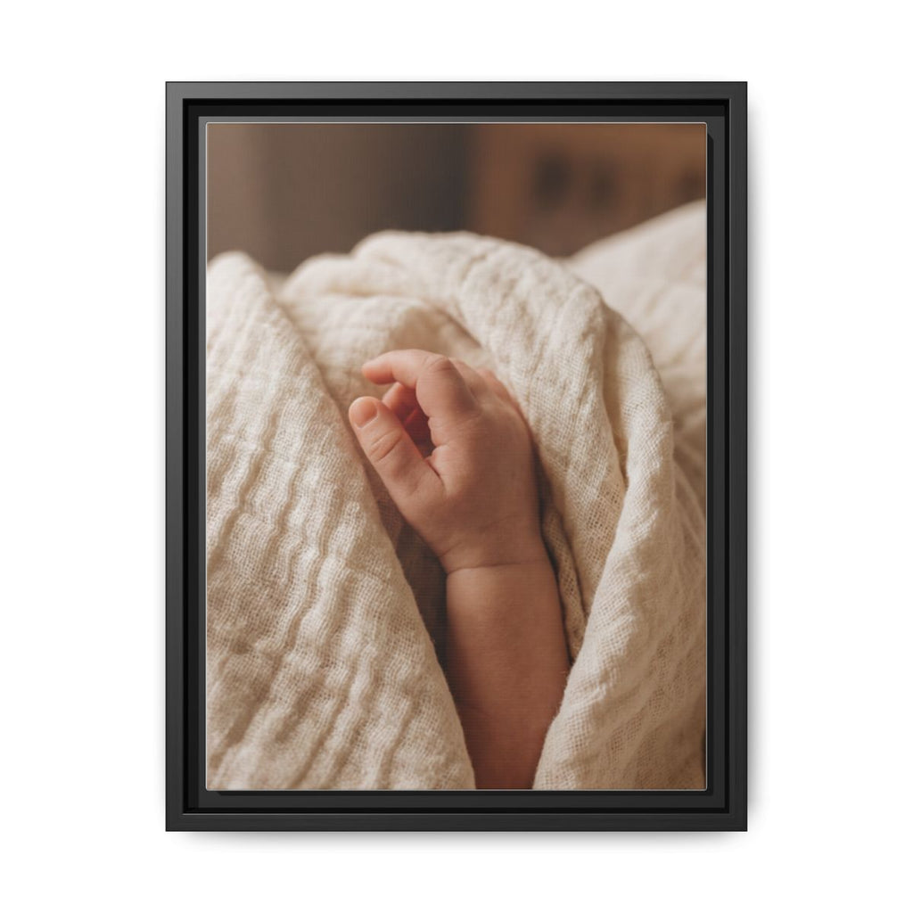 Framed Matte Canvas - Tender Newborn Hand (8×10, 9×12, 11×14, 12×16, 10×20, 12×18, 16×20, 16×24, 18×24, 12×36, 20×24, 16×32, 20×30, 24×30, 24×32, 16×48, 24×36, 24×48, 30×40, 20×60, 32×48, 30×60 & 40×60)