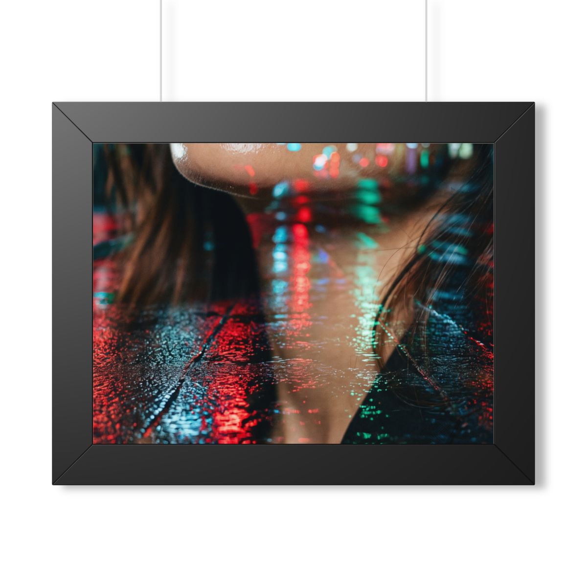 Framed Horizontal Poster - Neon Dreams Rain Portrait — Black...