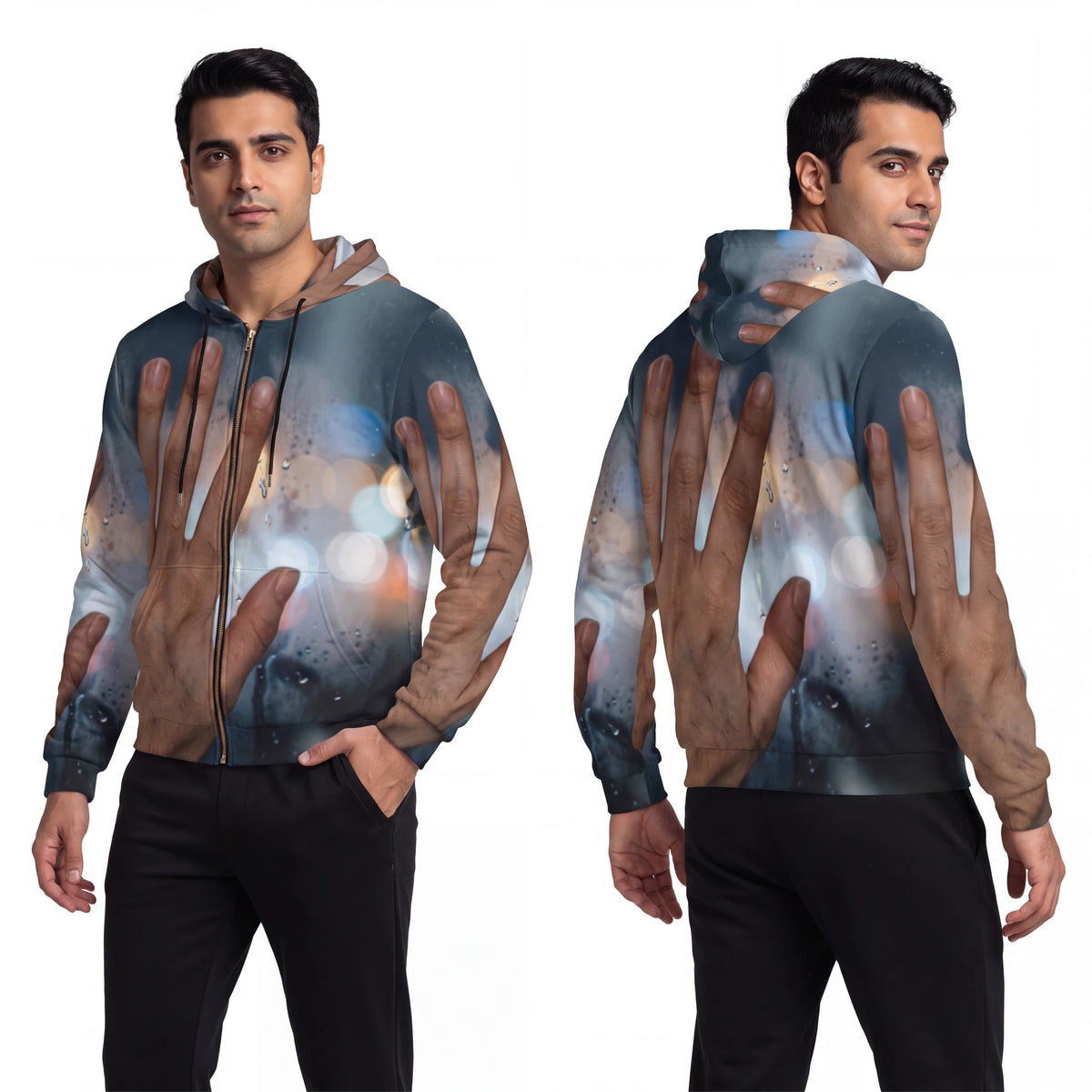 Men's Full-Zip Hoodie Rainy City Window Art