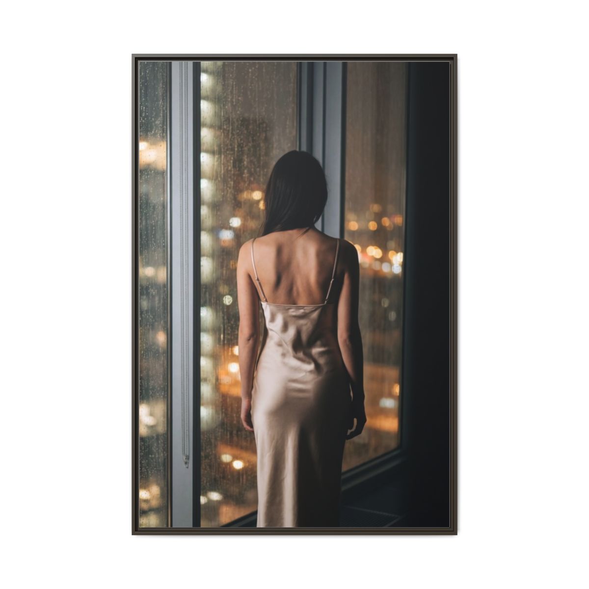 Matte Canvas, Framed - Rainy City lights Glow — Espresso /...