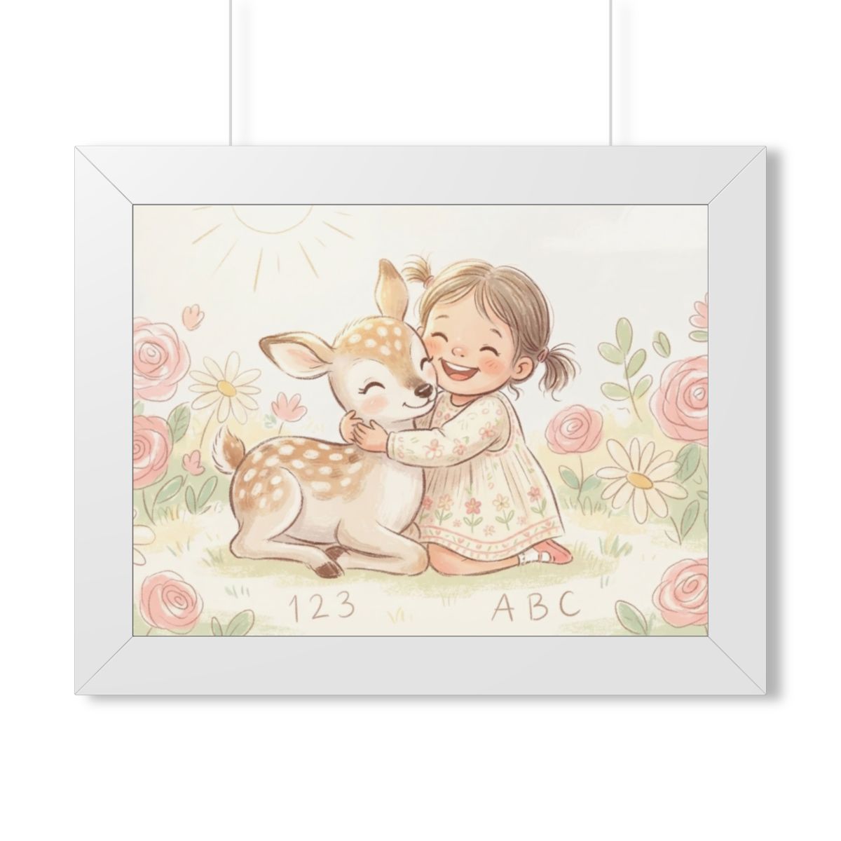 Framed Horizontal Poster - Gentle Hug Meadow Deer Art —... |...