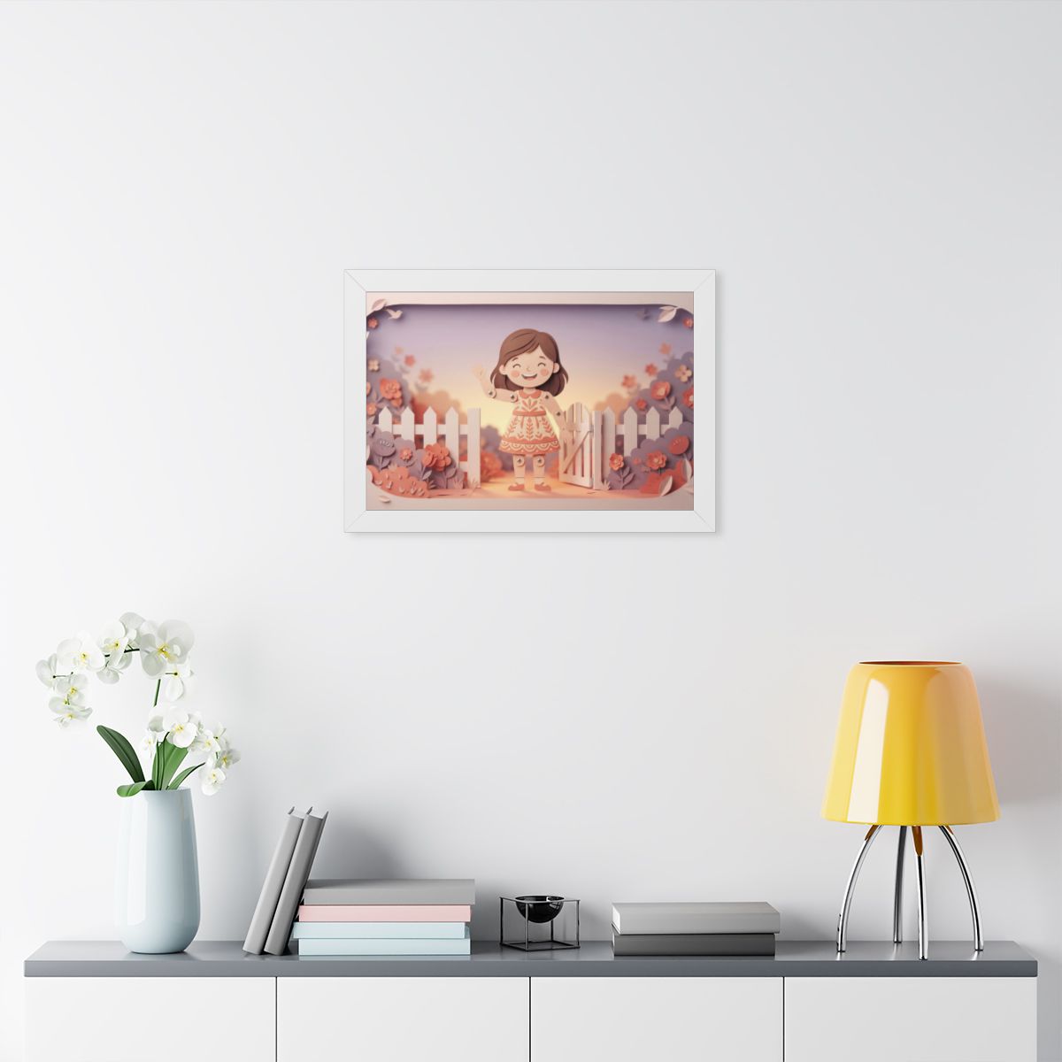 Framed Horizontal Poster - Garden Girl Gate — White (14×11...