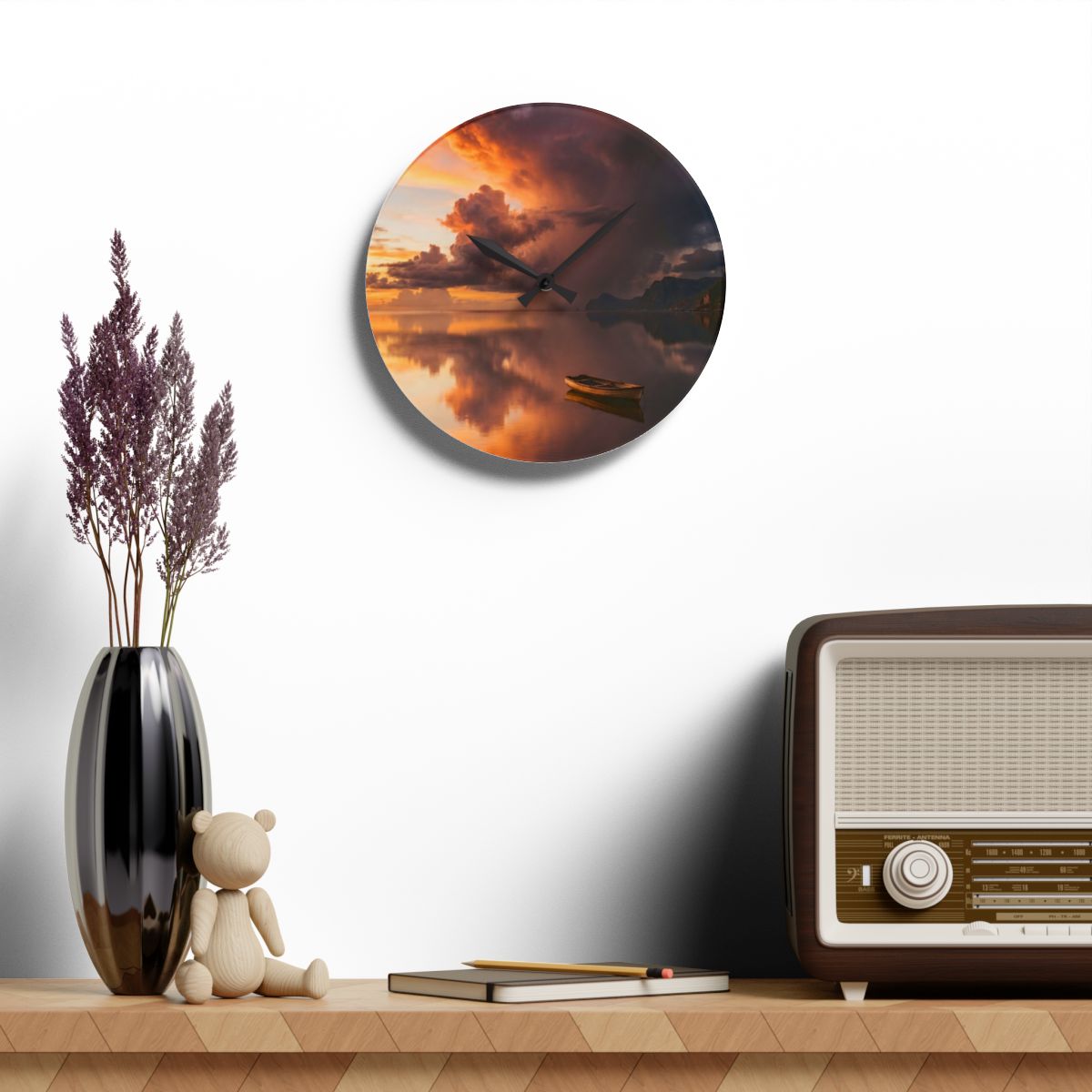 Acrylic Wall Clock - Sunset Lake Silent Timepiece | Echovira...