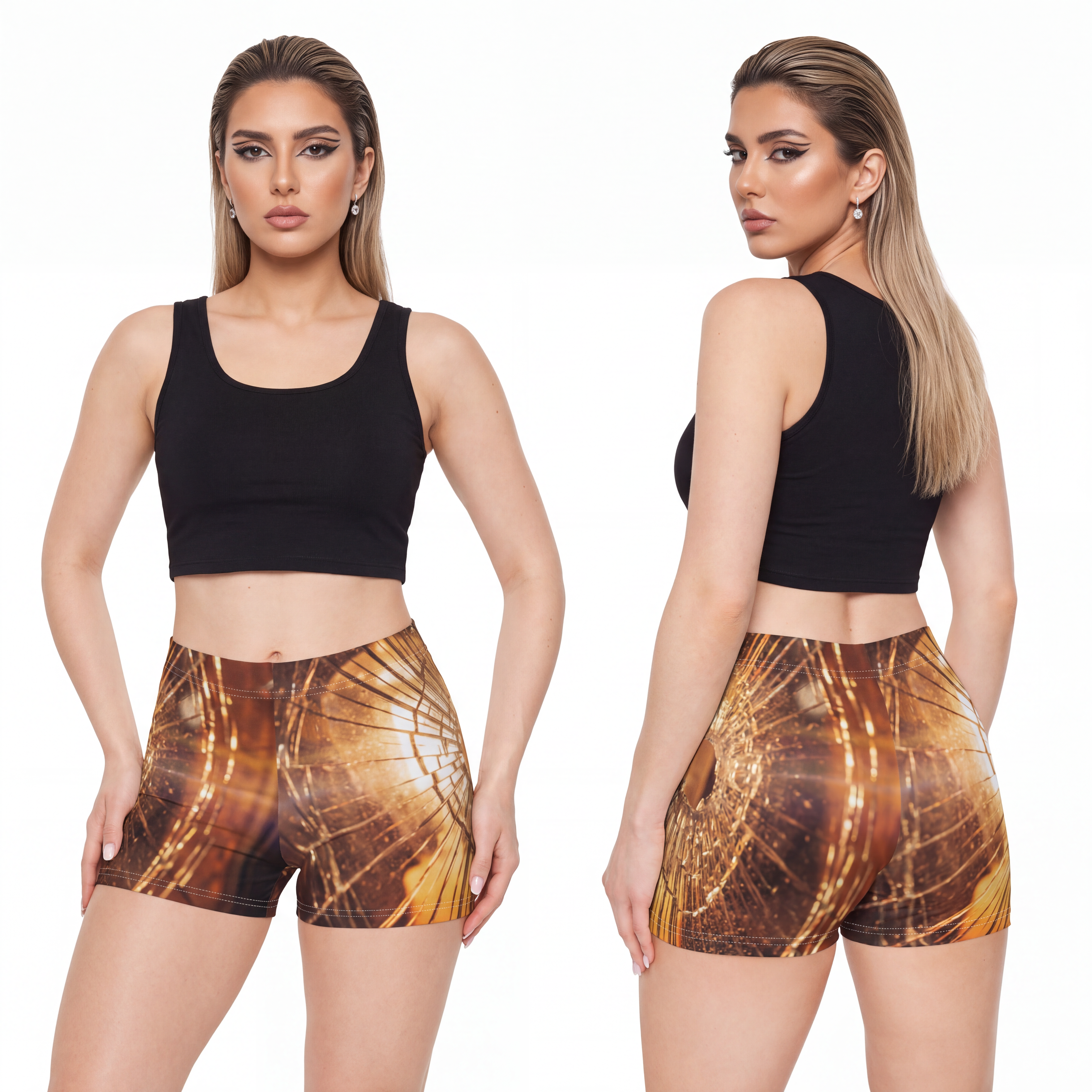 Women's Shorts - Golden Fractures Moody Shattered Glass Art...