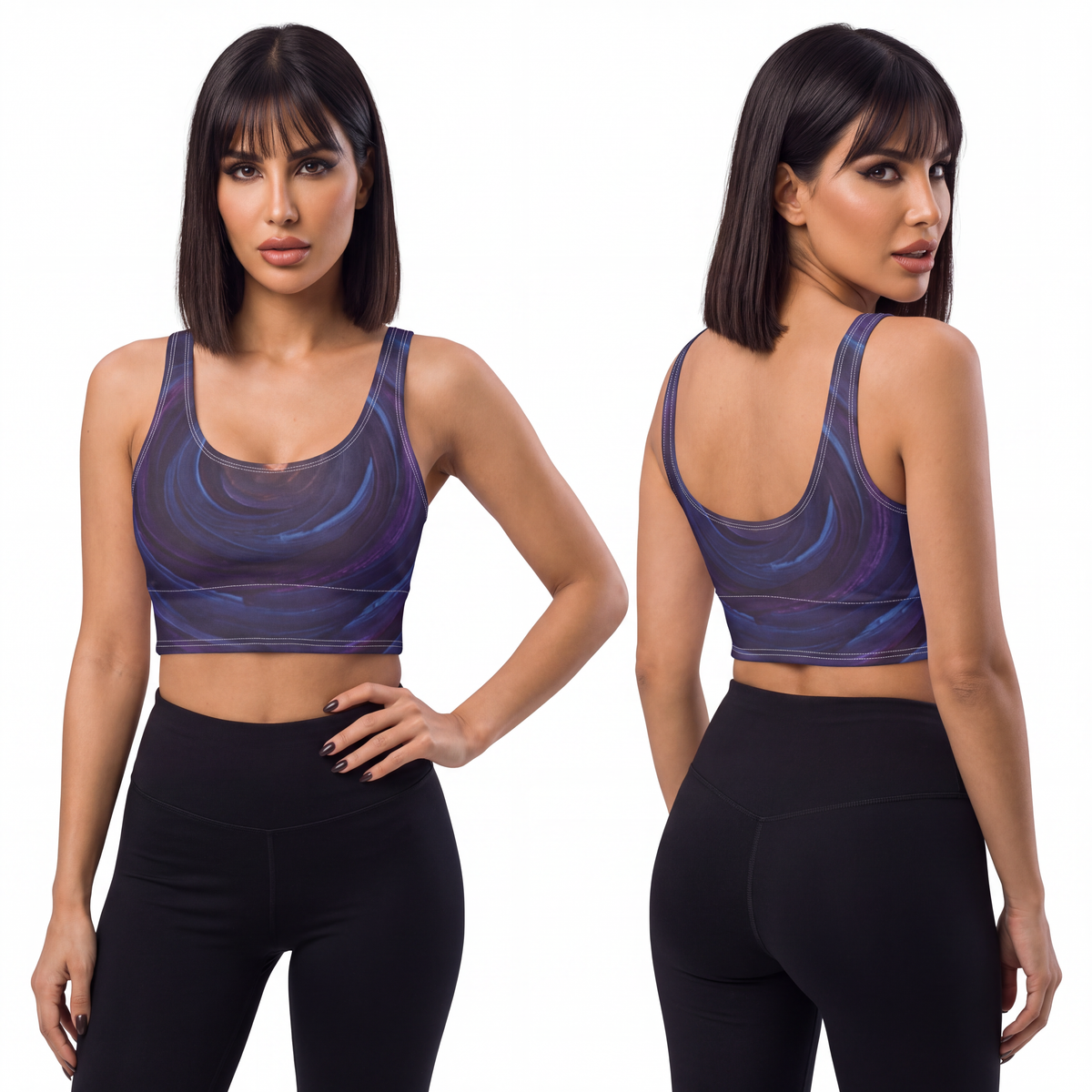 Sports Bra - Cosmic Indigo Vortex Support | Echovira Gallery