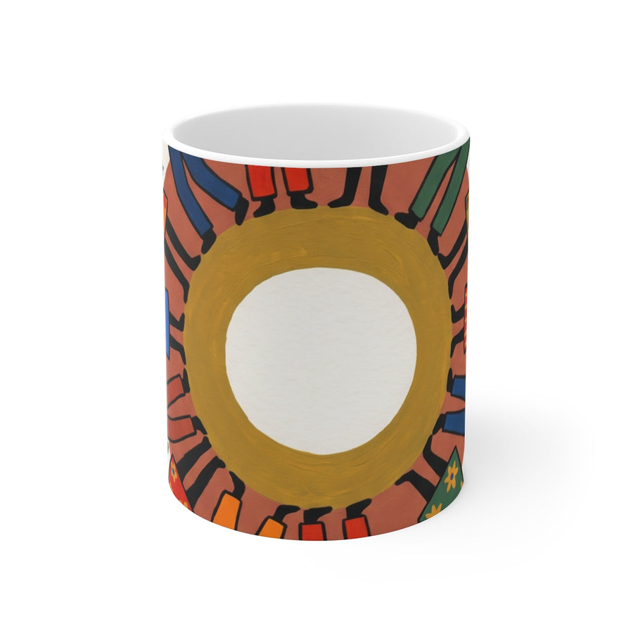 White Ceramic Mug - Unity Mandala Folk Art