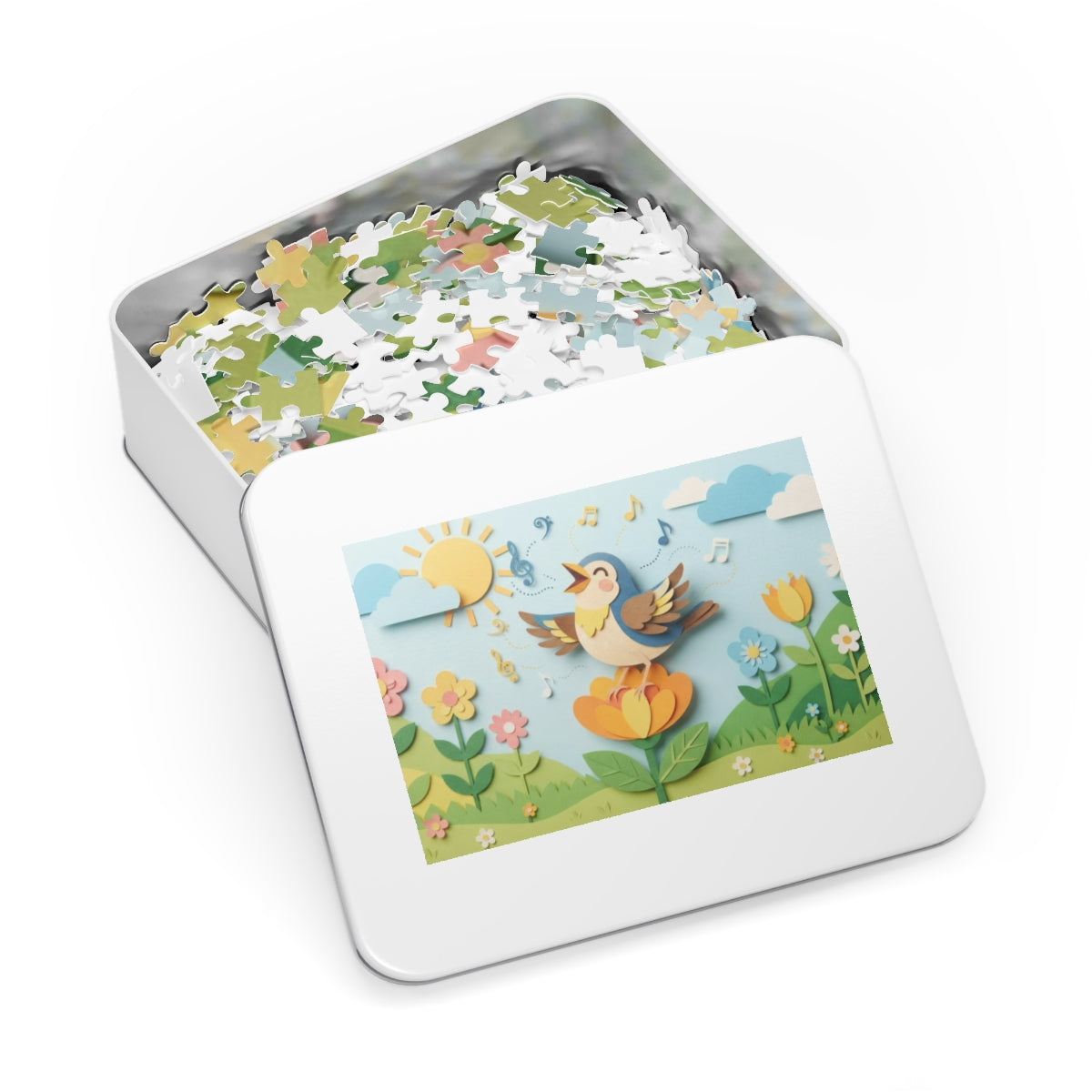 Jigsaw Puzzle with Tin - Papercut Songbird Meadow Canvas Art...