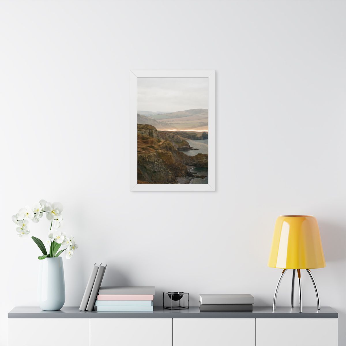 Framed Vertical Poster - Moody Coastal Cliffs Horizon Art —...