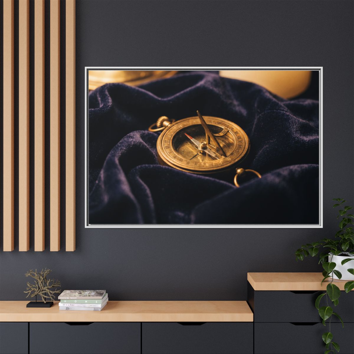 Framed Canvas Brass Sundial Landscape Art