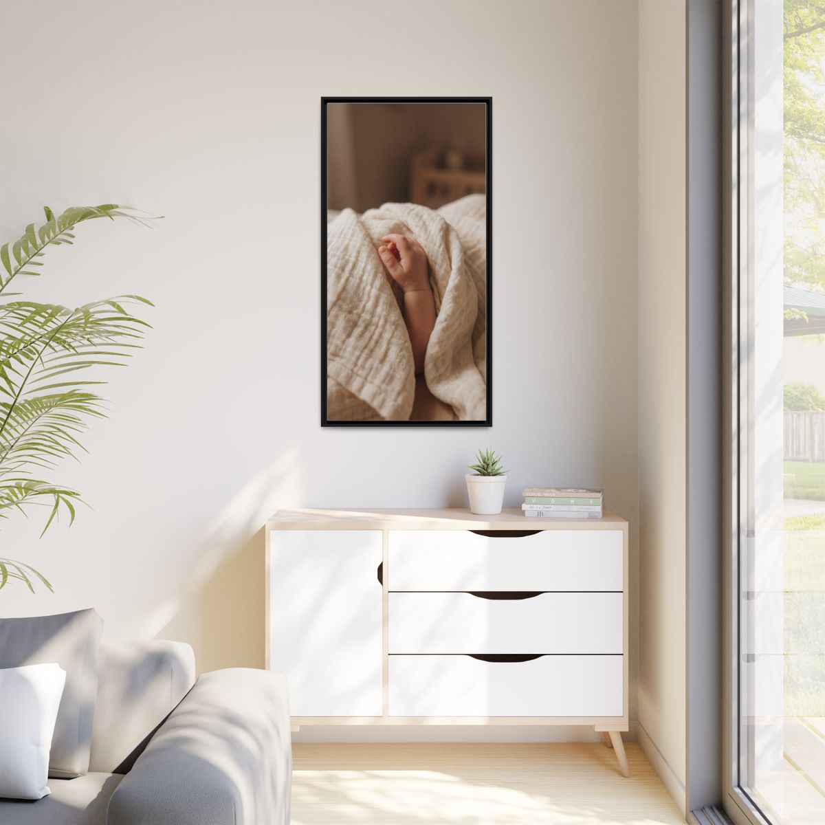 Matte Canvas, Framed - Tender Newborn Hand in Soft Muslin......
