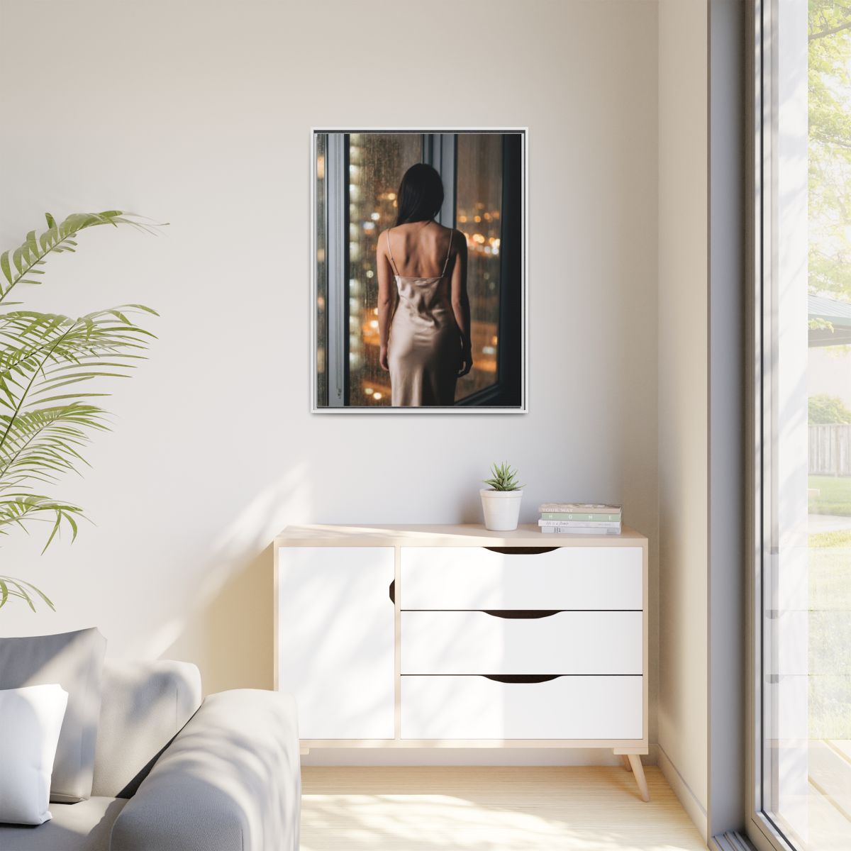 Matte Canvas, Framed - Rainy City lights Glow — White /... |...