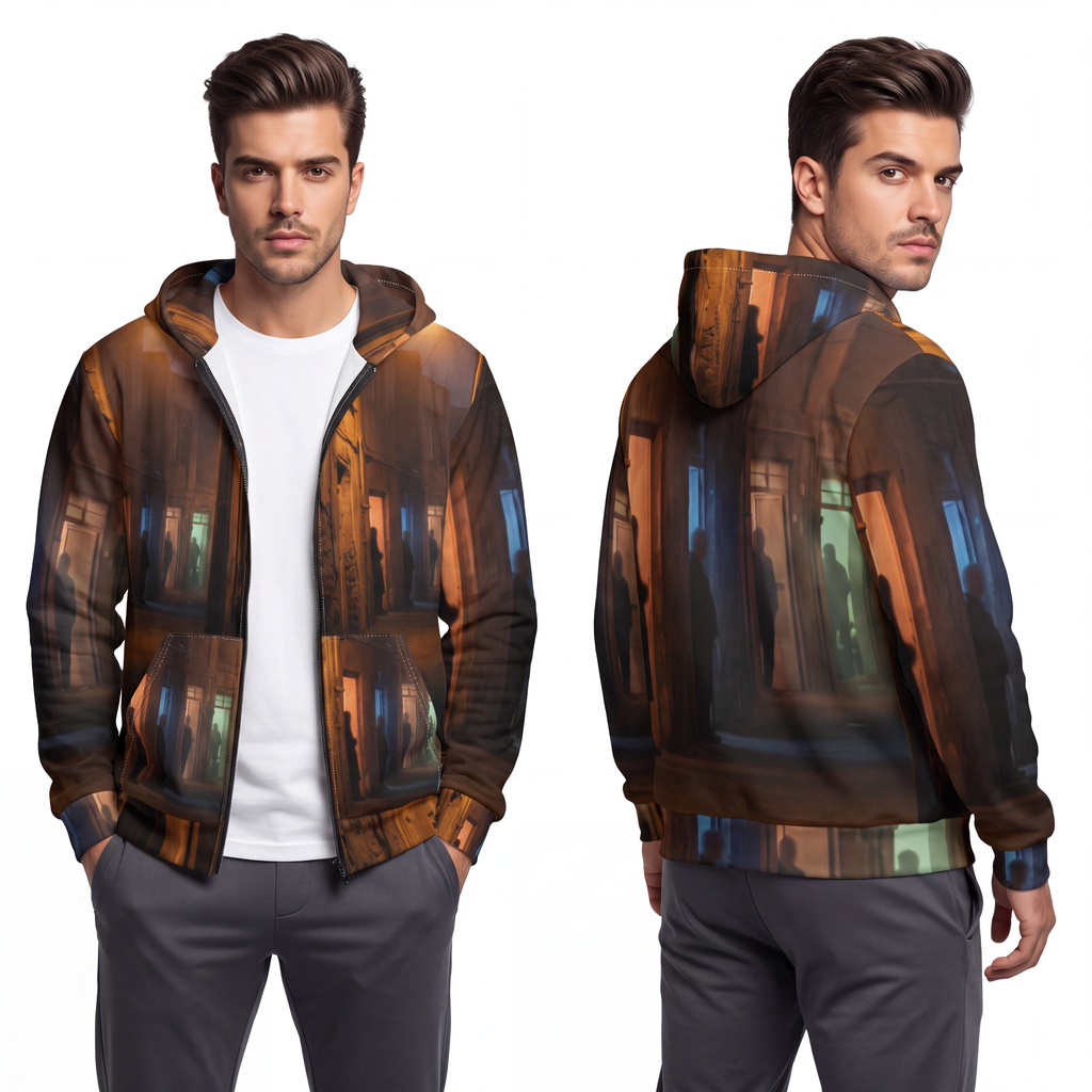 Men's Unisex Zip Hoodie - Nocturnal Alleyway Misty Street......