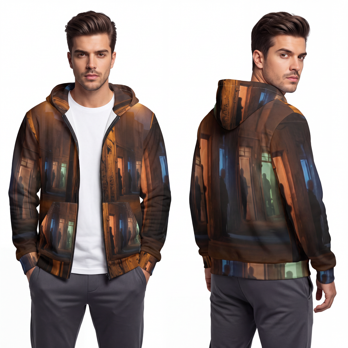 Men's Unisex Zip Hoodie - Nocturnal Alleyway Misty Street......