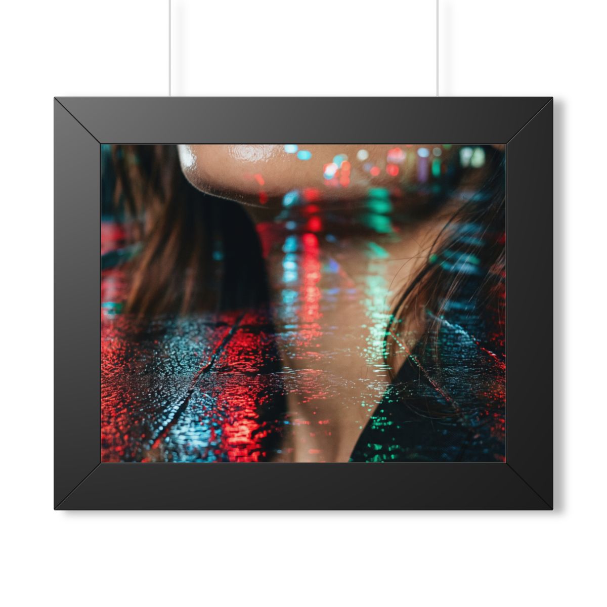 Framed Horizontal Poster - Neon Dreams Rain Portrait — Black...