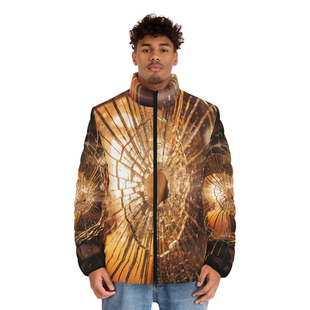 Men's Puffer Jacket - Fractured Light Amber Art - Cozy Moody...