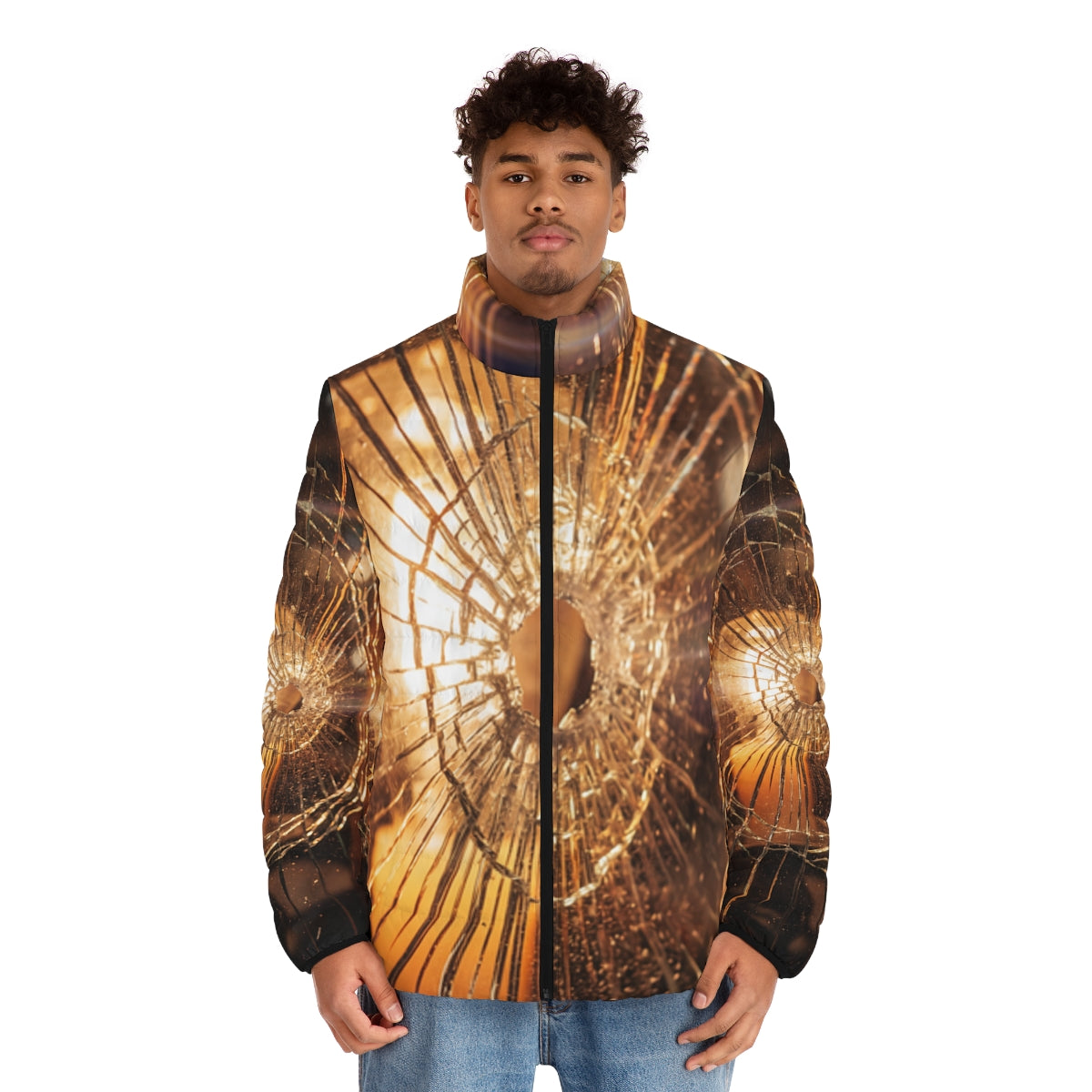 Men's Puffer Jacket - Fractured Light Amber Art - Cozy Moody...
