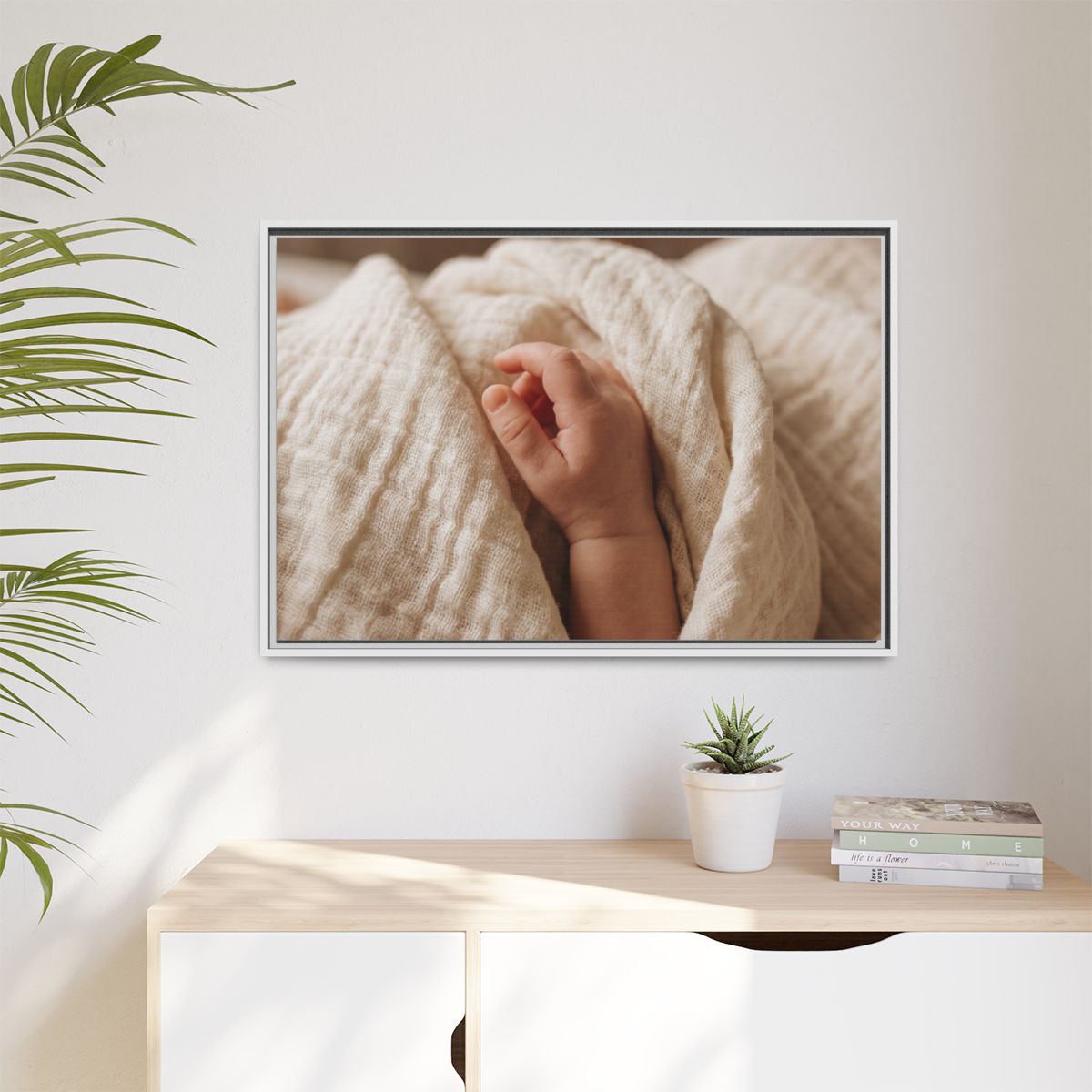 Matte Canvas, Framed - Tender Newborn Hand in Soft Muslin......