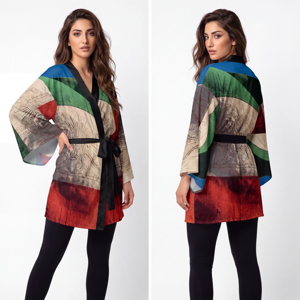 Long Sleeve Kimono Robe - Vintage Persian Lion and Sun Flag...