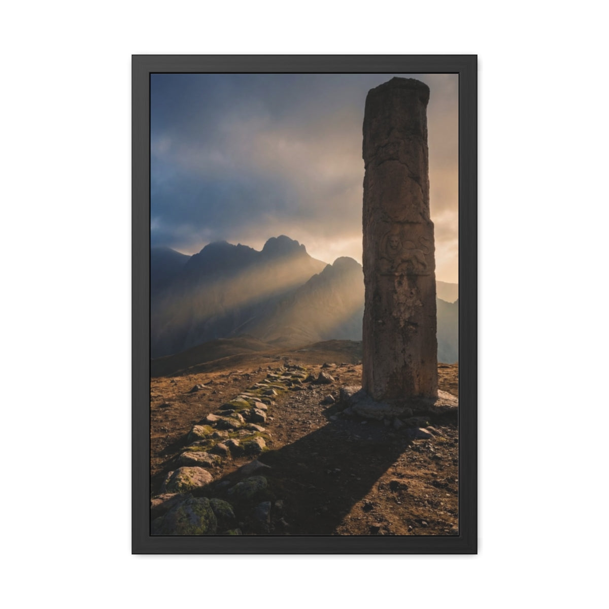Framed Posters - Ancient Stone Column Mountain Sunset Art......