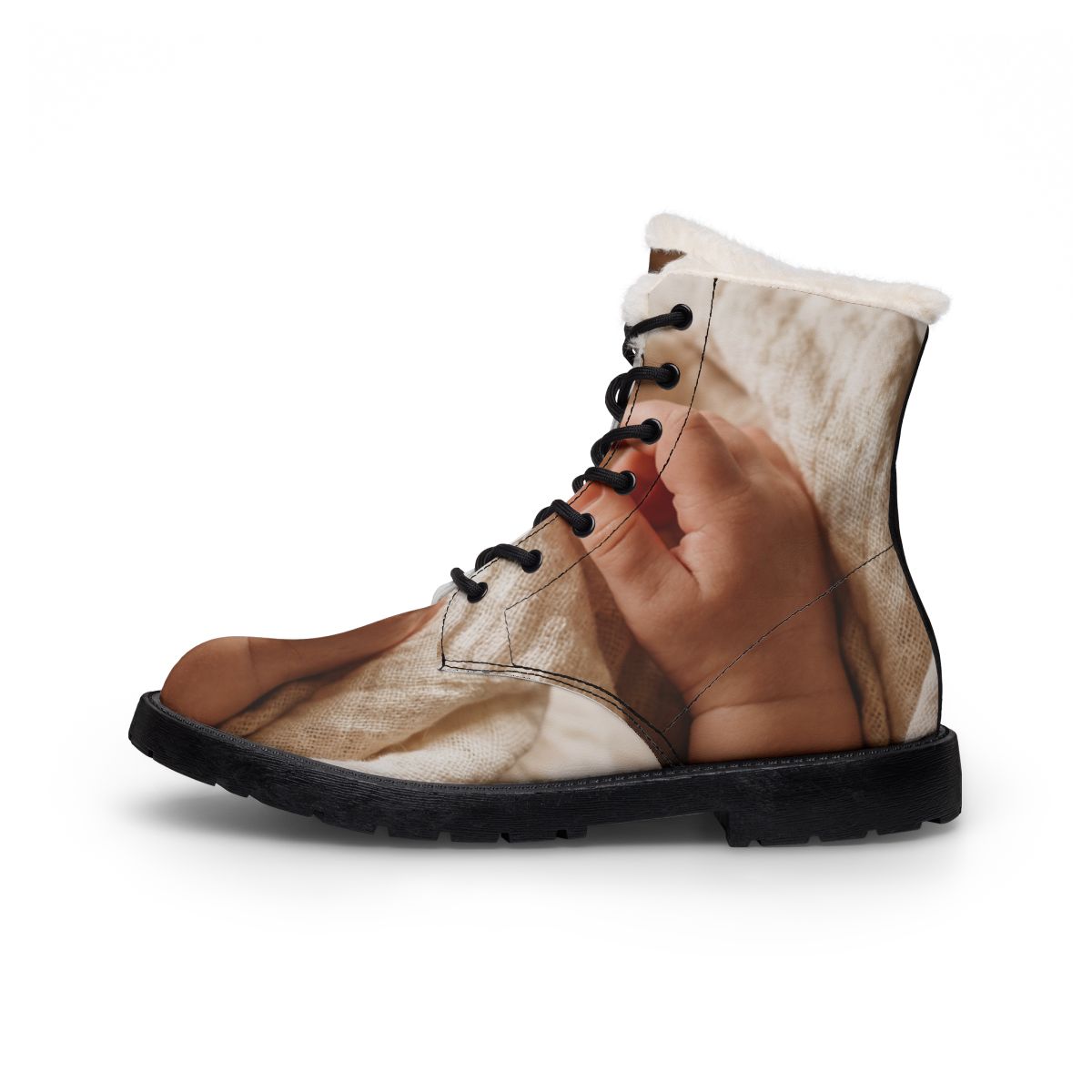 Women's Fur and Leather Boots - Tender Newborn Hand in Soft...