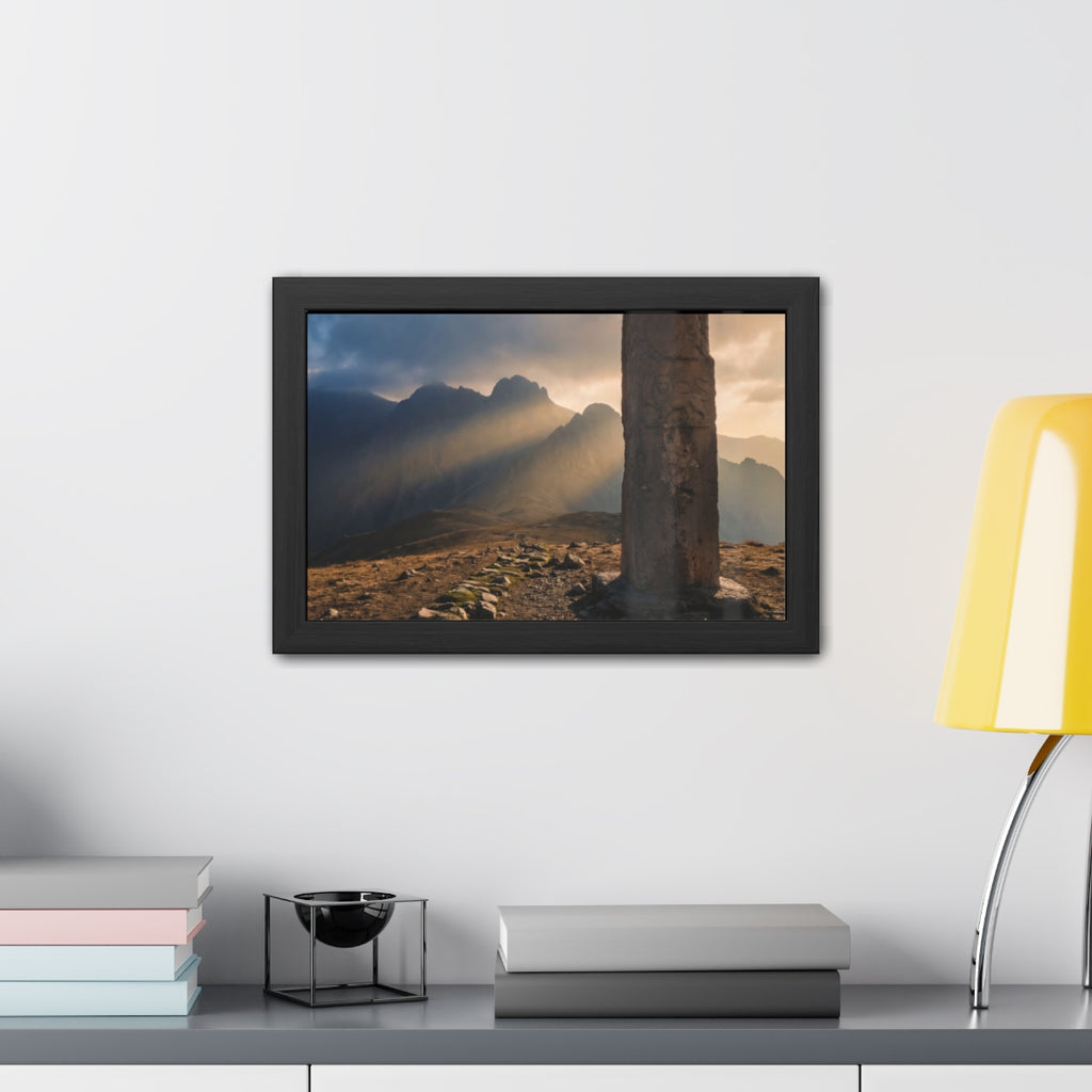 Framed Posters - Ancient Stone Column Mountain Sunset Art......