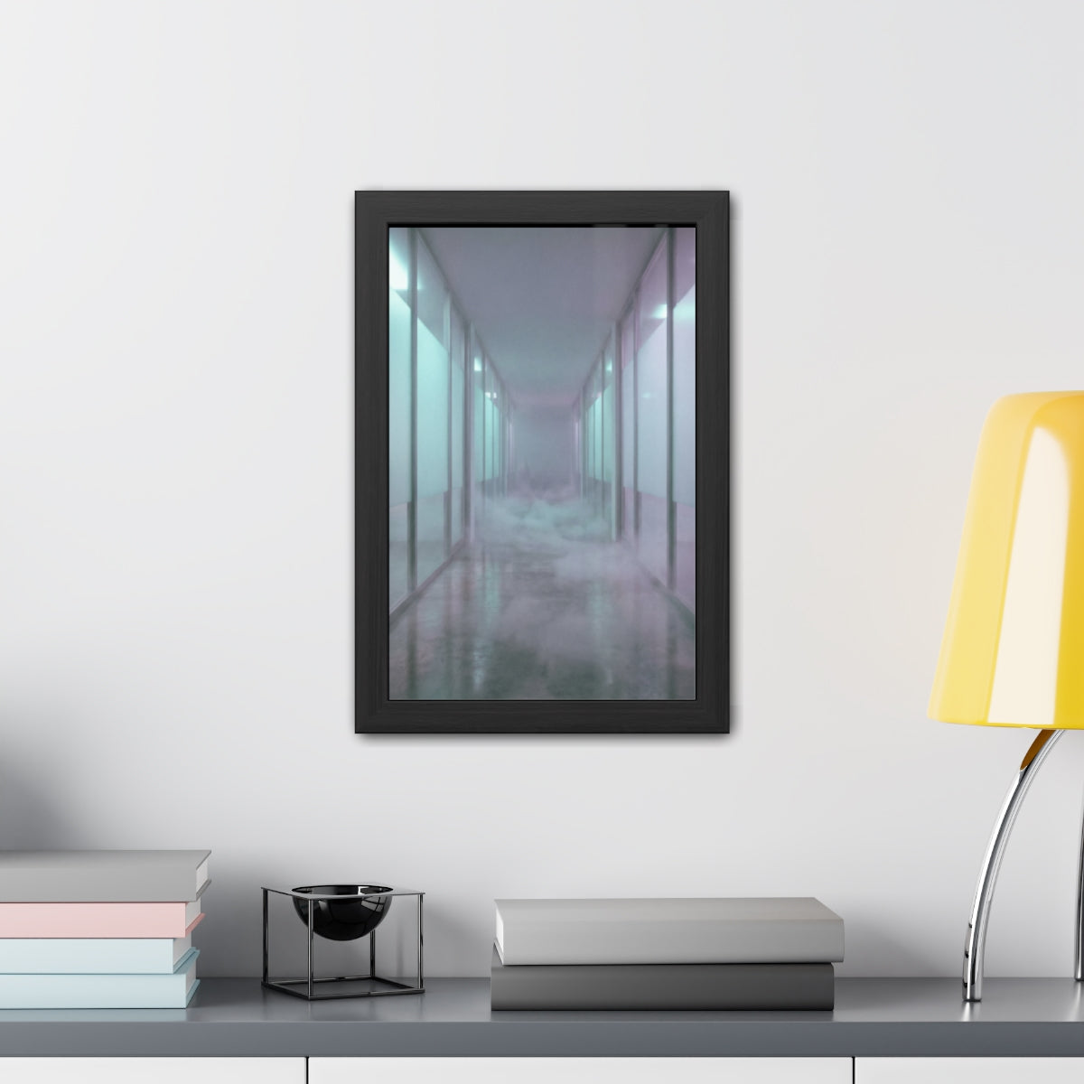 Framed Posters - Liminal Corridor Fog Art Print — Portrait...