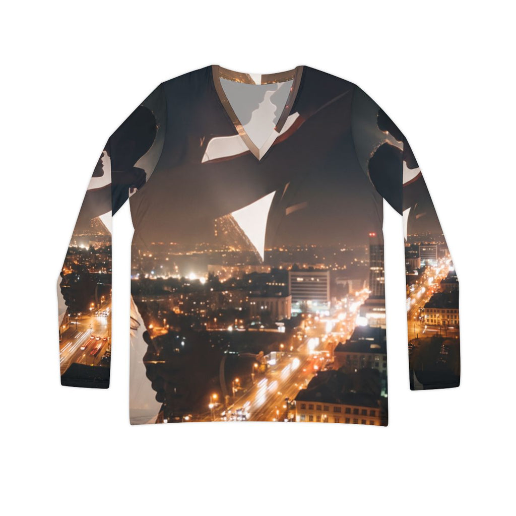 Women's Long Sleeve V-neck Shirt - Midnight City Skyline |...