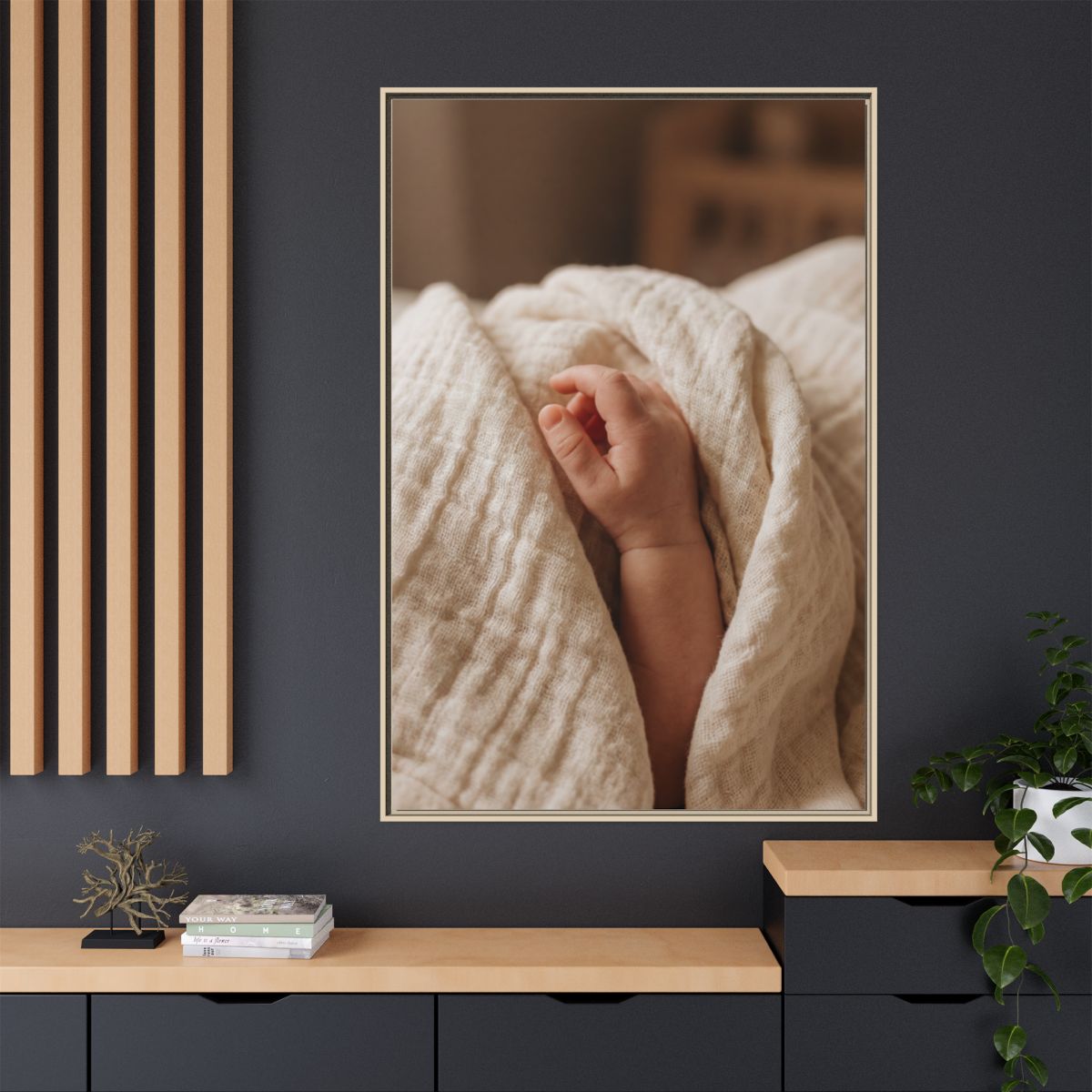 Matte Canvas, Framed - Tender Newborn Hand in Soft Muslin......